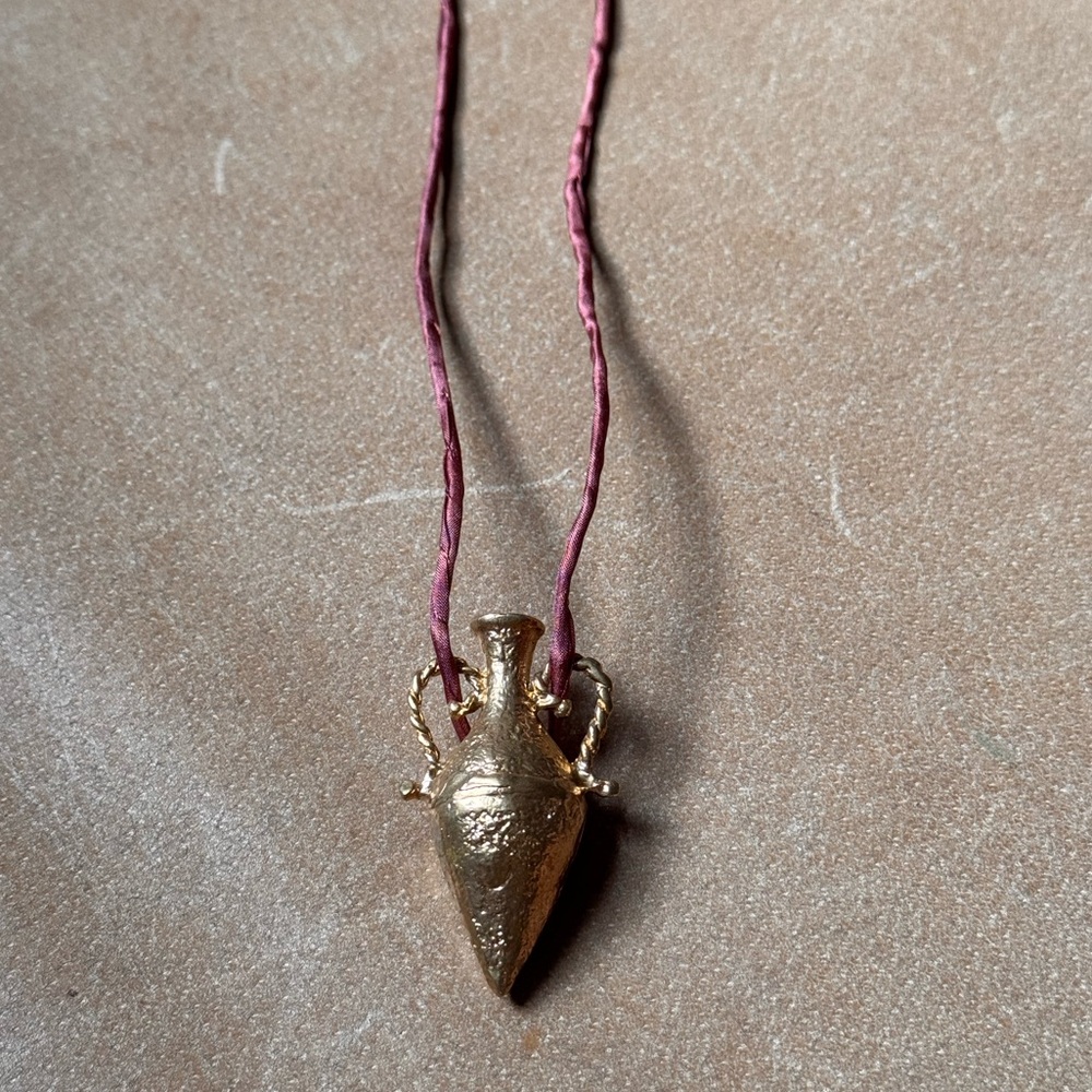 Gold Brass Amphora Pendant vase bottle Necklace w Mauve brown silk Cord vessel